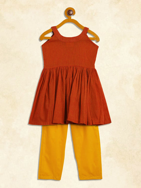 Vastramay SISHU Girl's Red Striped Handloom Kurta With Yellow Pyjama Set